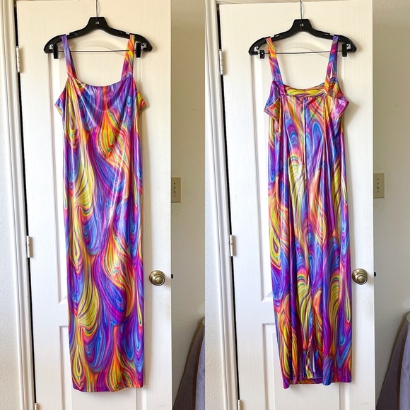 Lip Service Vintage Psychedelic Midi Dress Sleeveless Slit Rainbow Large EUC - Picture 1 of 8